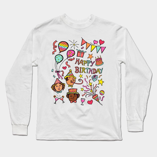 Illustration drawing of multi-ethnic group of young people celebrate birthday party. Happy birthday celebration concept. Long Sleeve T-Shirt by Nalidsa